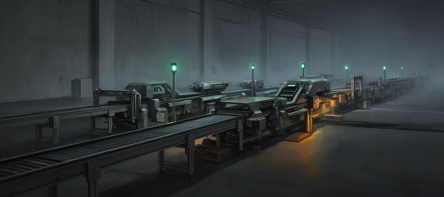 Stillstehendes Fließband in einer dunklen Maschinenhalle, alle Statuslampen grün (KI-generierte Illustration)