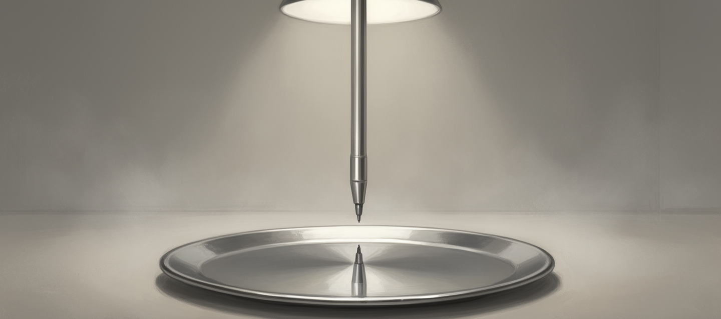 Ein Stahlgriffel senkt sich auf eine verspiegelte Platte und trifft nur sein eigenes Spiegelbild (KI-generierte Illustration)