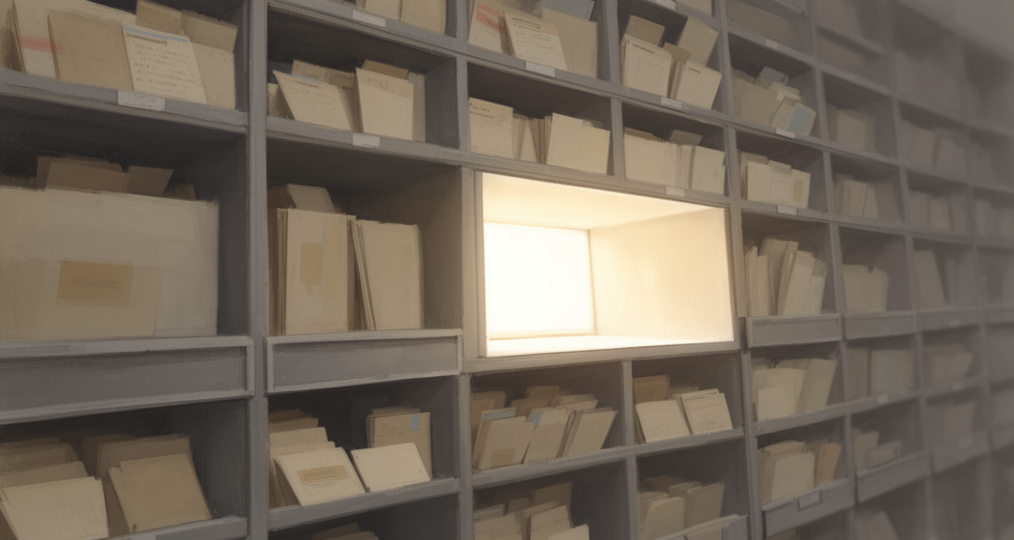 Eine Wand aus Archivfächern voller Karteikarten, ein Fach leer und von hinten beleuchtet (KI-generierte Illustration)